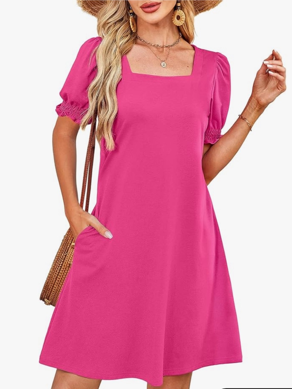 Chic Nation Hot Pink Square Neck Puff Sleeve Mini Dress